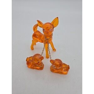 1970s Orange Hard Plastic Mother Deer Baby Fawns Lucite Figurines Hong Kong Xmas